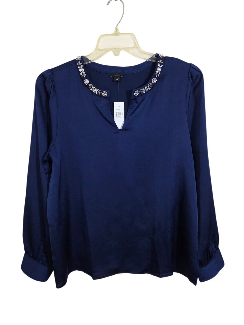 NWT Ann Taylor Satin Jeweled Embellished Split Neck Blouse Size Large